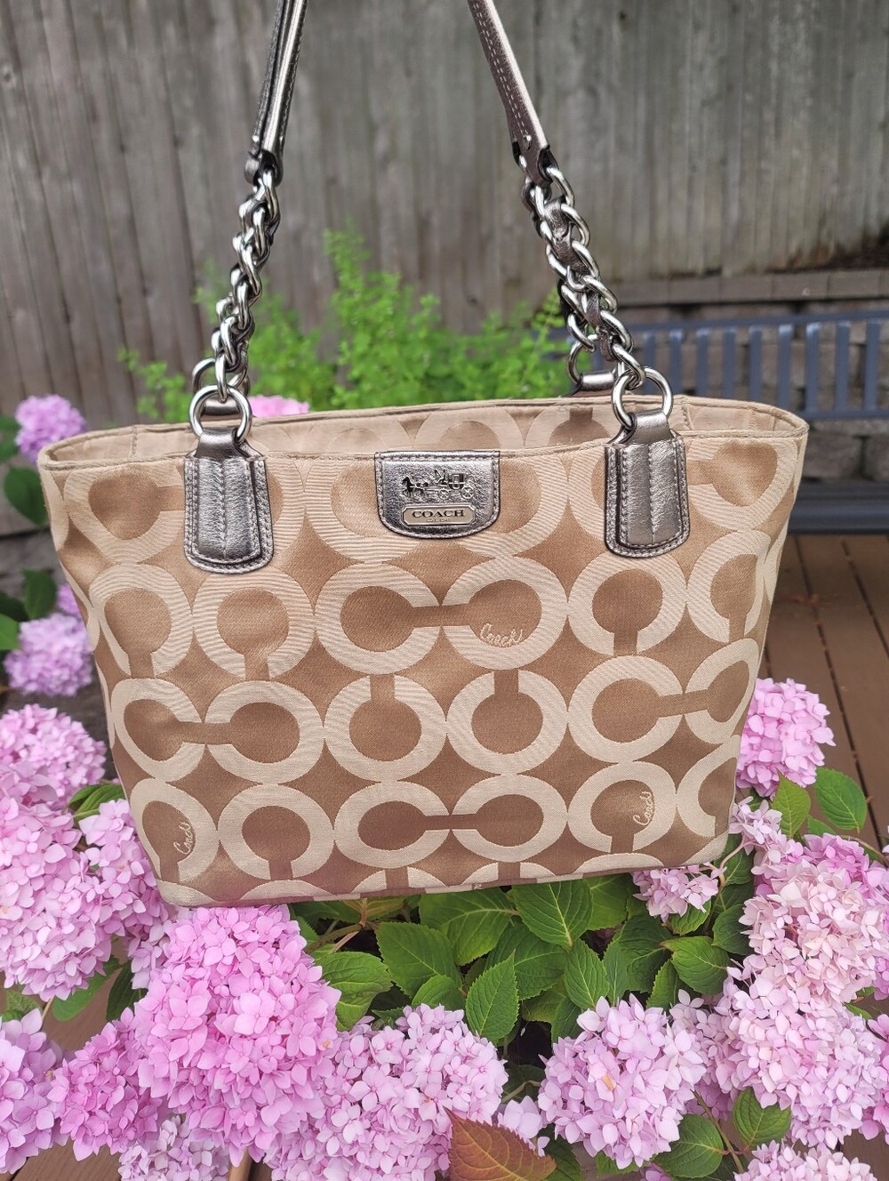 Coach Beige and Tan Signature Jacquard Tote with Metallic Trim - Picture 13 of 13